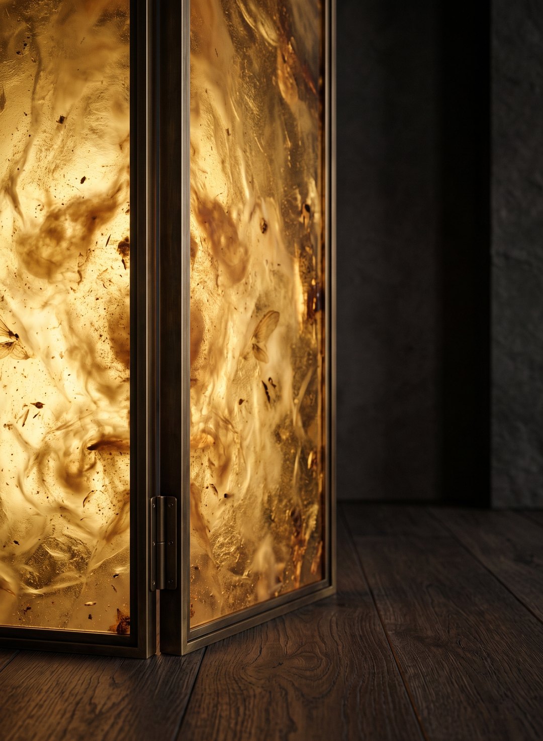 A backlit amber folding screen in a brass frame, standing on dark oak